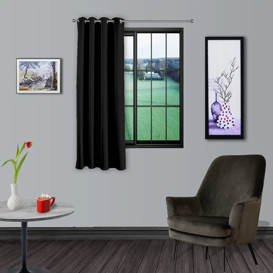 Divine Casa 5 Feet Super Satin Semi Blackout Window Curtains Colour Jet Black with Curtain Holder Light Filtering Drapes (Pack of 2)