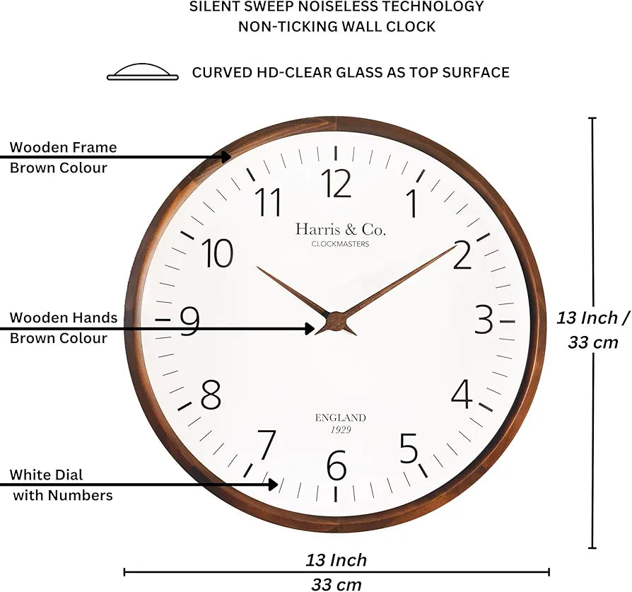 Harris & Co. Clockmasters Luxury Wooden Analog Wall Clock - 13 Inch Mo ...