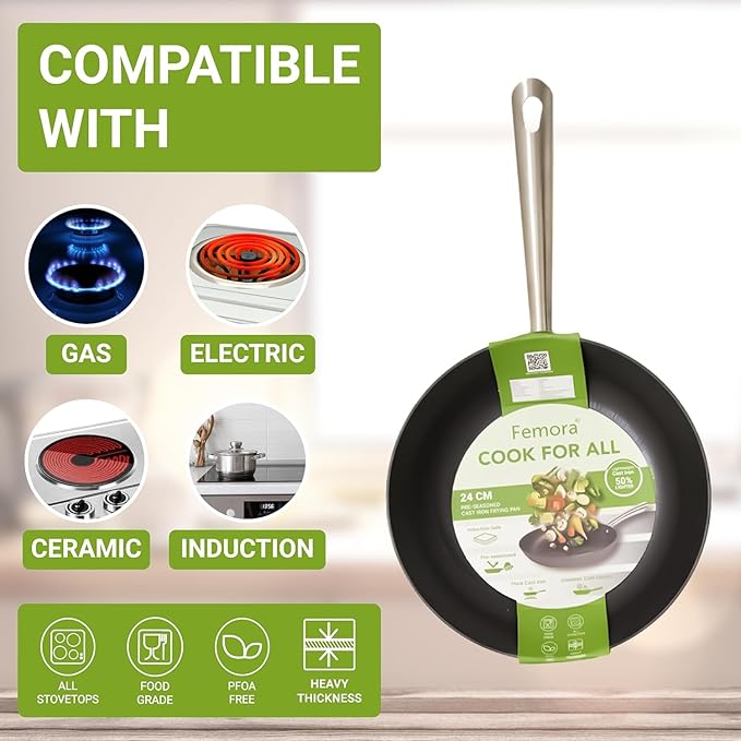 Femora Preseasoned Cast Iron 24 Cm Fry Pan | Non Toxic and Coating | Pack of 1 | Black