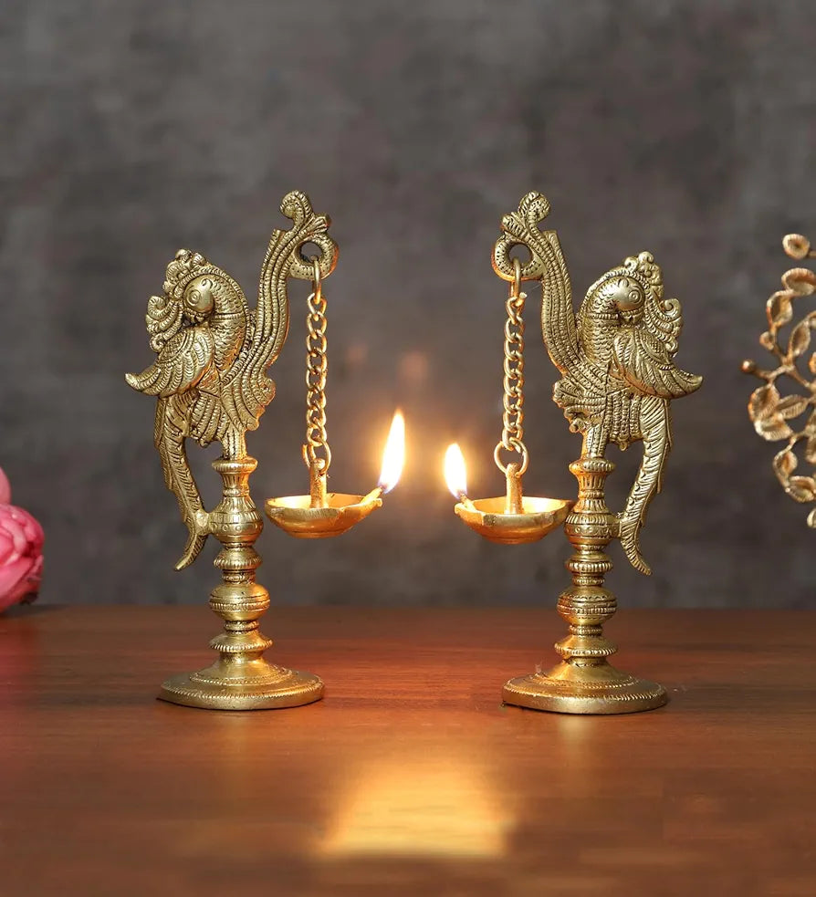 Two Moustaches 7 Inches Peacock on Pillar Design Brass Diya Pair