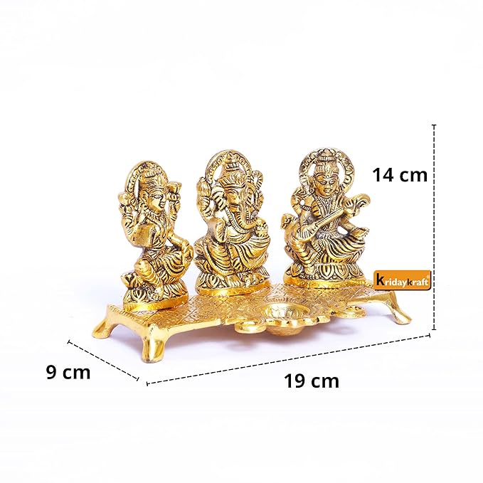 KridayKraft Laxmi Ganesh Saraswati Metal Idol Decorative Platter with Diya Gold