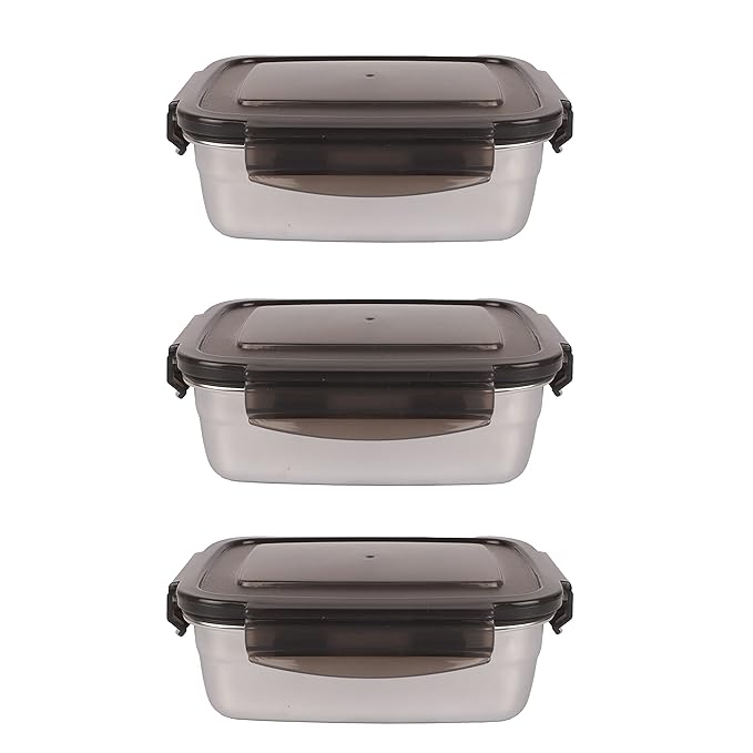 Femora Lunch Box High Steel Rectangle Heavy Duty Airtight Leakproof Unbreakable Storage Container With Lock Lid | 350 Ml | Set of 3