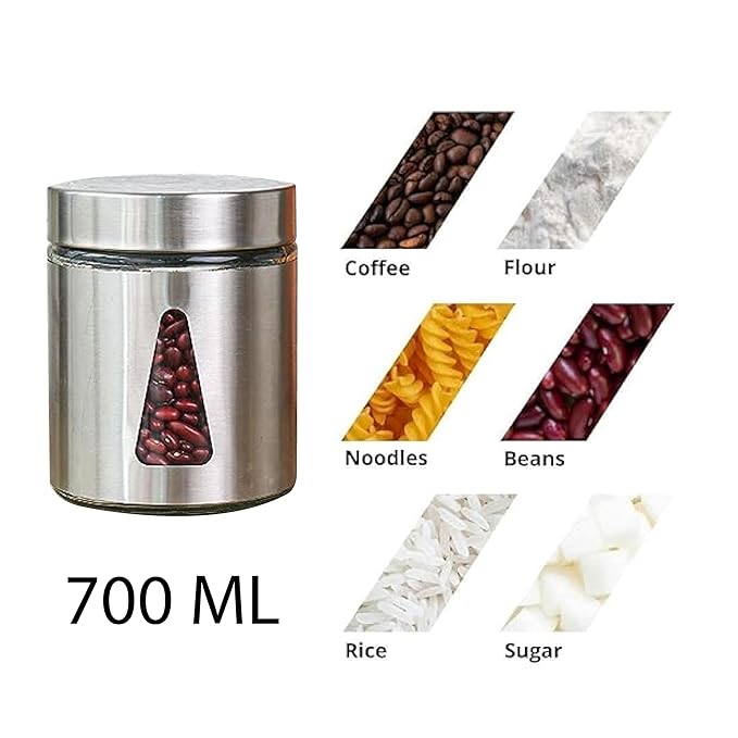 Femora Kitchen Storage Jars Steel Finish With See Through Window Jar | 700 Ml | Pack of 4