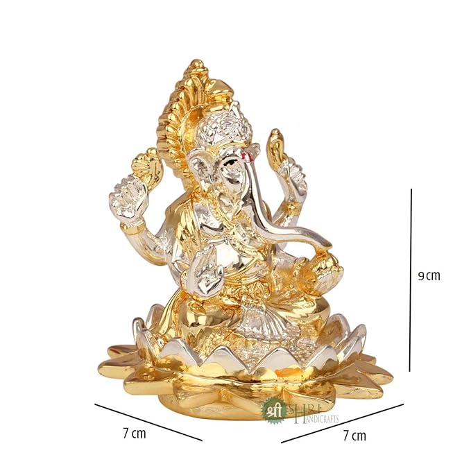 Indicast Gold & Silver Plated Ganesha Idol Murti Sitting on Lotus Kamal Home and Office Decor and Gifts