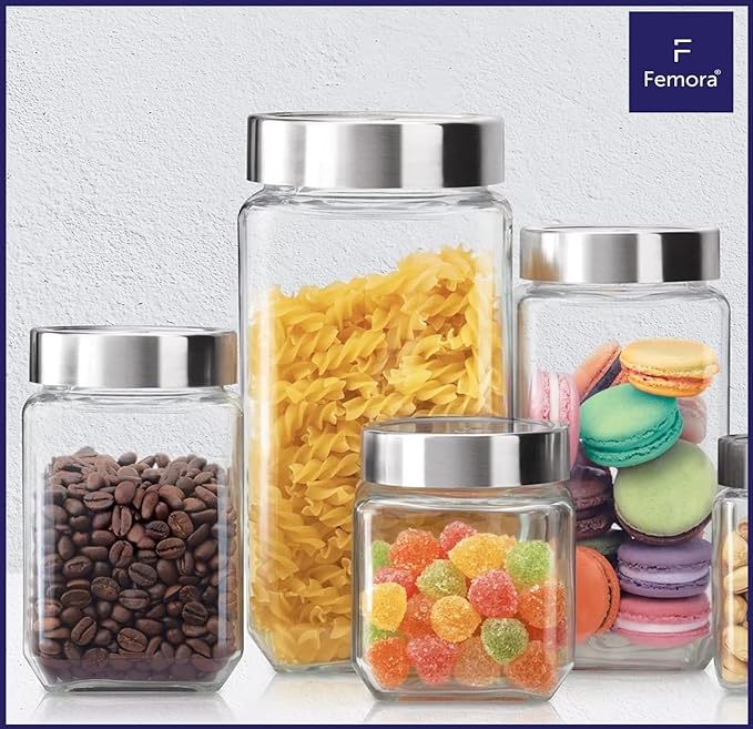 Femora Clear Glass Octa Jar With Steel Lid, Airtight Lid Jar for Kitchen Storage | 2000 Ml | Pack of 2