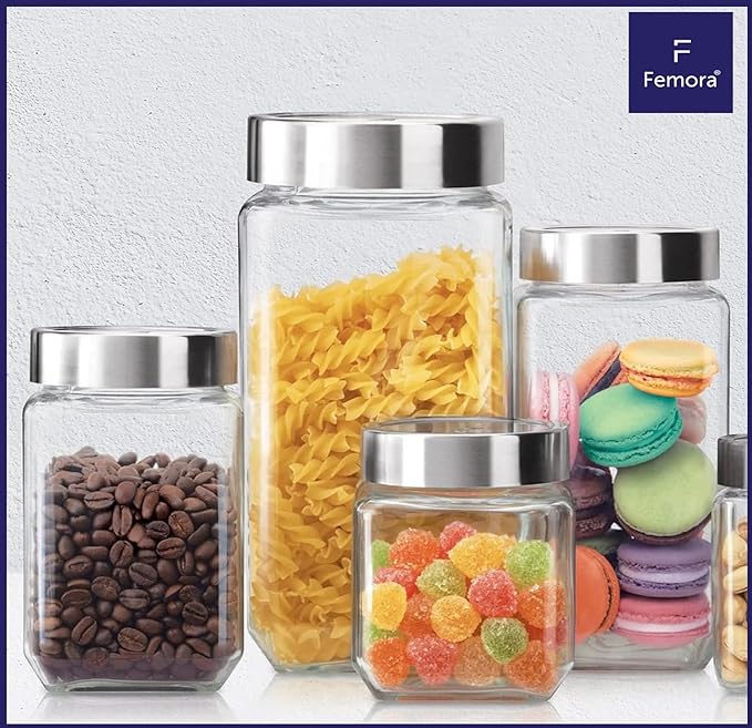 Femora Kitchen Storage Jars Transperent Glass With Steel Lid Air Tight Jar | 850 Ml | 2000 Ml | Set of 2