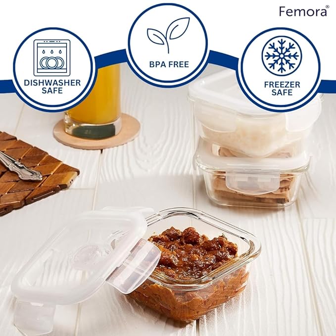 Femora Borosilicate Glass Containers for Kitchen | Storage Box for Kitchen With Air Vent Lid | Set of 3 | 300 Ml, 500 Ml, 800 Ml