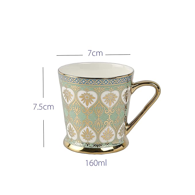 Femora Golden Leaves Pattern Golden Tea Mugs, Ceramic Tea Cups, Coffee Mugs | 160 Ml | Golden | 6 Pcs Set | Not Microwave Safe