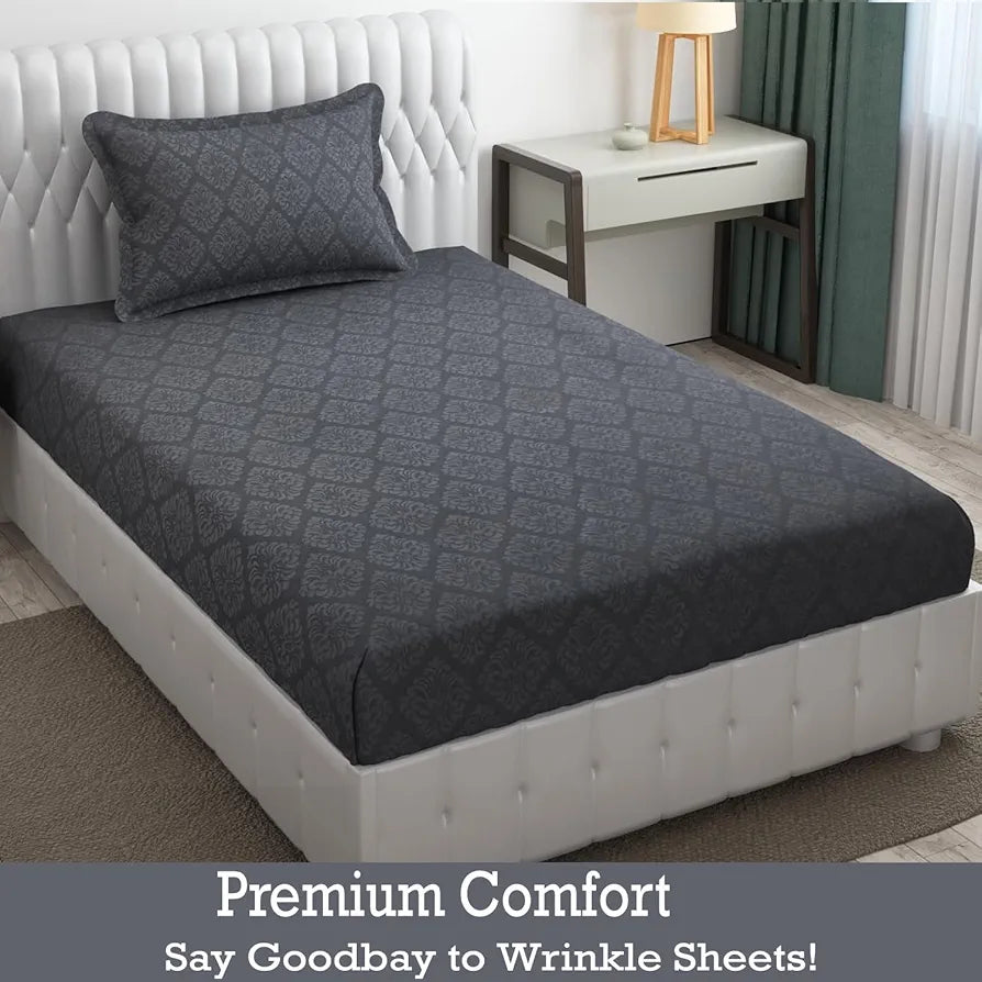 Fresh From Loom Microfiber Single Size Bedsheet Hypoallergenic Wrinkle Free Rotary Printed Bed Sheets with 1 Pillow Covers 144 TC Grey Damas