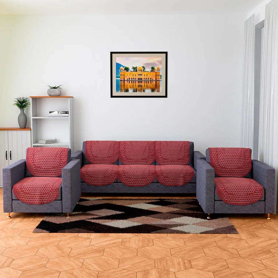 Kuber Industries Sofa Cover Net Sofa Slipcover Set 5-Seater Dot Design Maroon