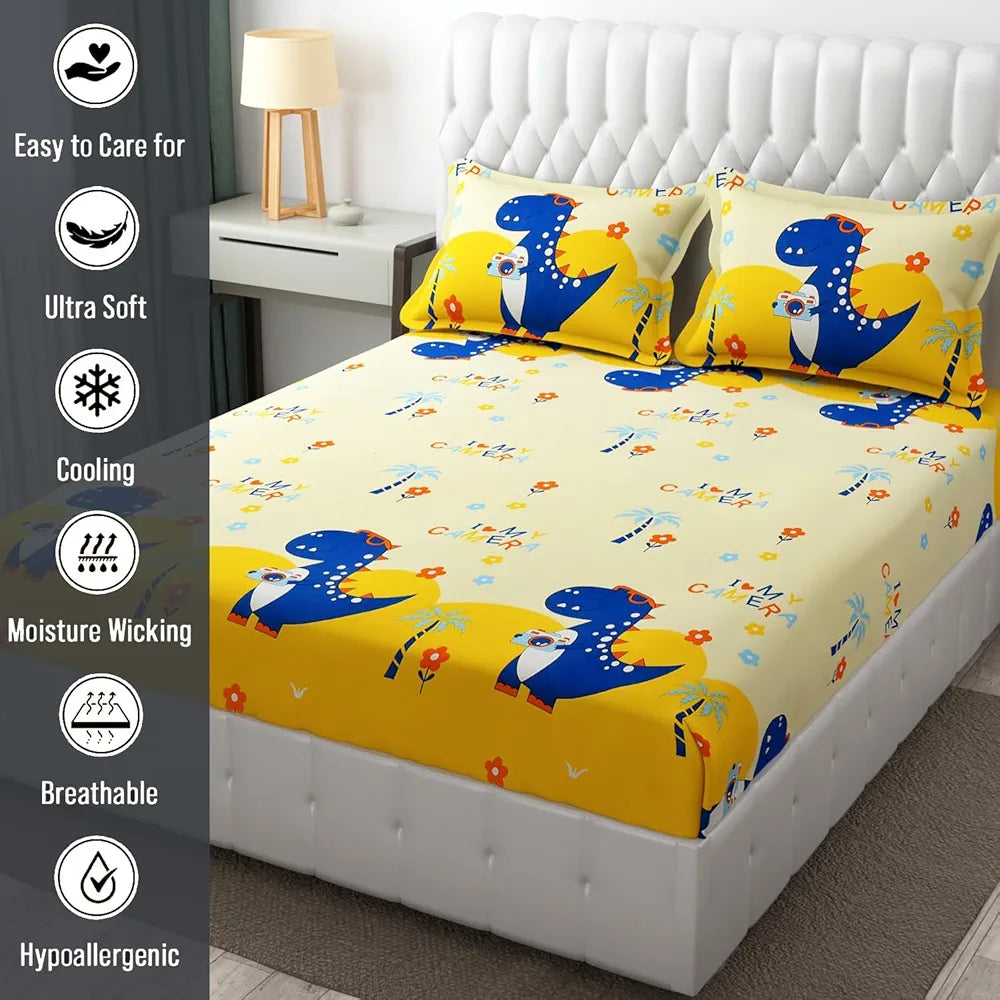 Fresh From Loom Glace Cotton Elastic Fitted Bed Sheet Cartoon Printed Dino 144 Tc Multicolor Cream and Blue Double Bed