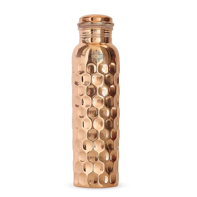Indian Art Villa Pure Copper Water Bottle with Diamond Hammered Design Design