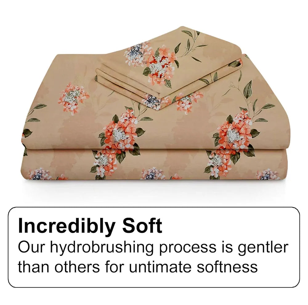 Fresh From Loom Fitted King Size Bedsheet with 2 Pillow Covers Microfiber 240 TC Beige Floral Design