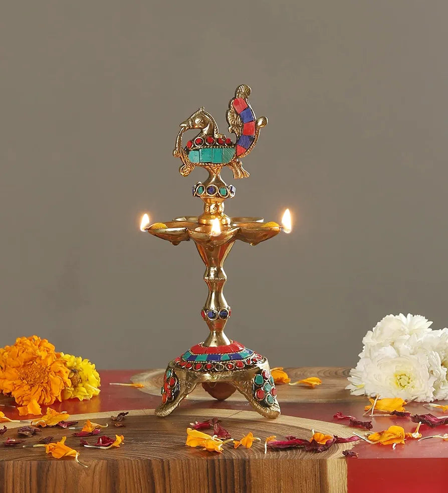 Two Moustaches Gemstone Work Peacock Over Ethnic Carved Legs Five Oil Wick Brass Diya