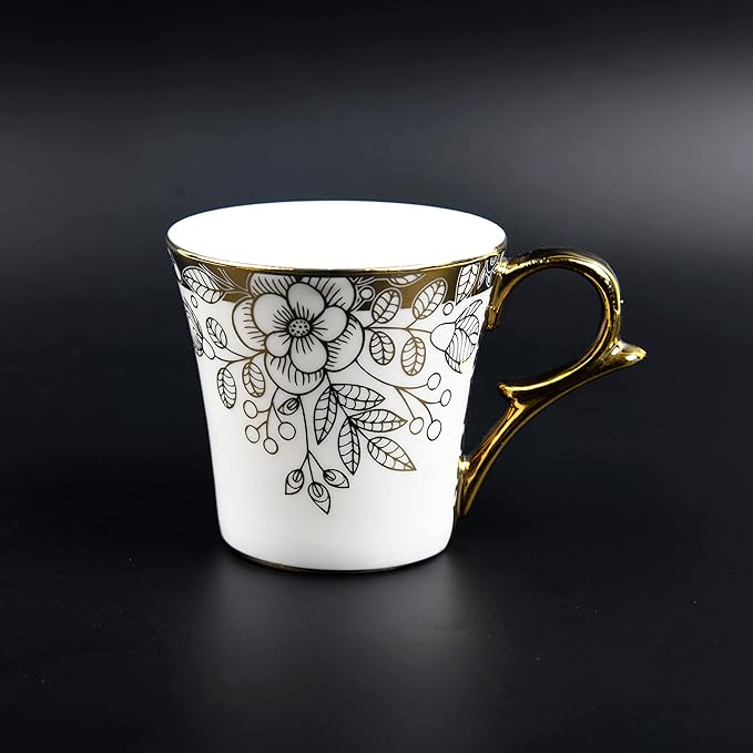 Femora Premium Gold Floral Buds Leaves Ceramic Coffee & Tea Cup Set of 6 | 160 Ml