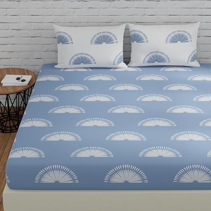 Huesland by Ahmedabad Cotton 144 Tc Bedsheet for King Size Bed With 2 Pillow Covers | Sunrise | Powder Blue & White