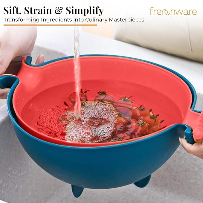 Frenchware 1 Unit Plastic Colander Bowl, Premium-grade Plastic, 100% Food Safe | Dishwasher Safe | Blue & Red