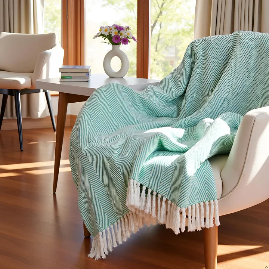 Sajavat Home Hand Knitted Pure Cotton 3 Seater Sofa Throw Colour Green