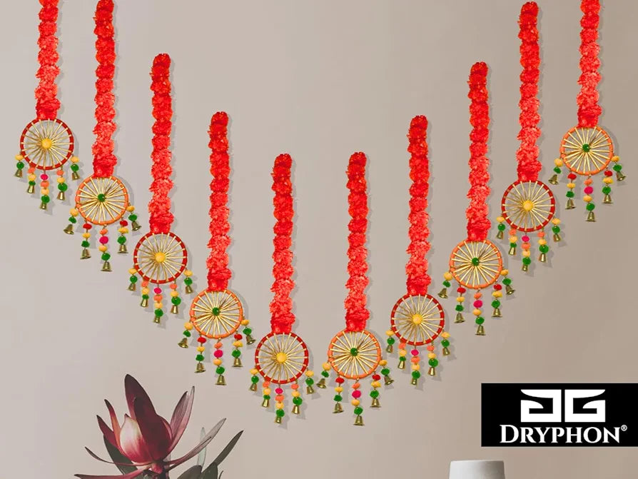 Artificial Marigold Flowers for Decoration with Pom Pom Ring Bell Hanging Orange