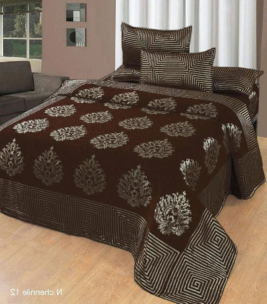 Fresh From Loom Chenille Velvet 500 TC Double Bed King Size Bedsheet with 2 Pillow Cover Jhumka Coffee