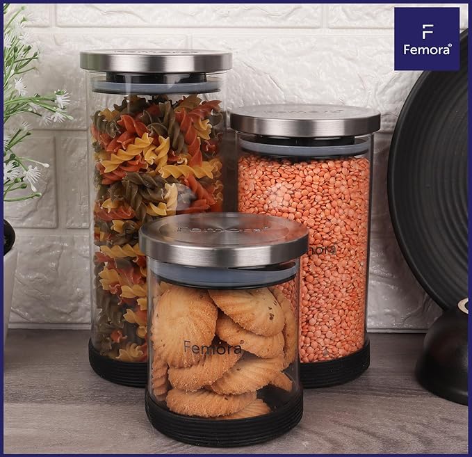 Femora Storage Jars Borosilicate Glass With Silicon Bottom Air Tight Jar With Steel Lid | 1300 Ml | Pack of 2