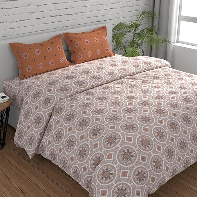 Huesland by Ahmedabad Cotton 144 Tc King Size Bedsheet Cotton With 2 Pillow Covers | Mandala | Orange & Brown