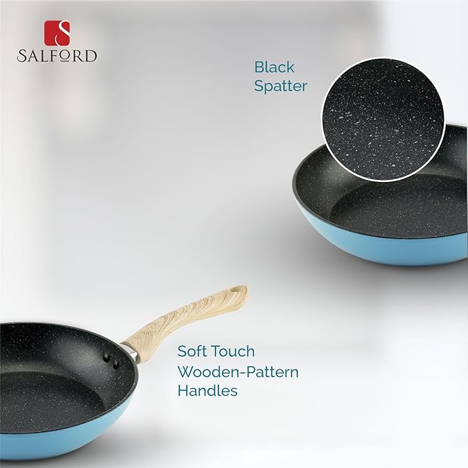 Salford by Ucook Forged Non-stick Frypan With Soft Touch Wooden Handle | Black Spatter Dusty Blue | 240mm | 1.85 Litre
