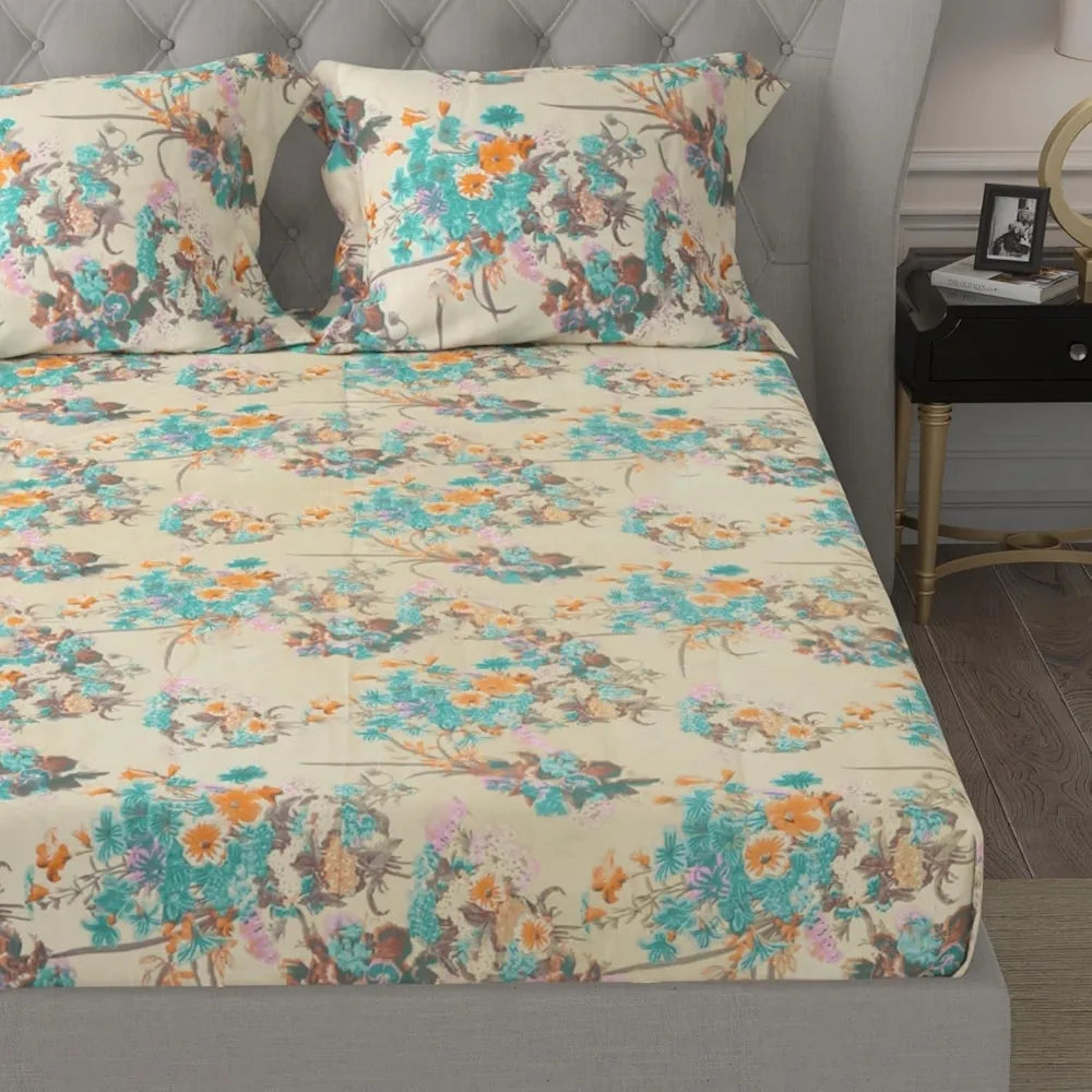 Cloth Fusion Glace Cotton Elastic Fitted Bedsheet for Double Bed King Size with 2 Pillow Covers Spring Bloom