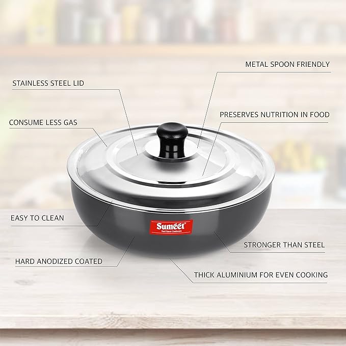 Sumeet 3mm Hard Anodized Deep Tasla with Stainless Steel Lid Size No- 10 (18.5cm 1.3 Liter)