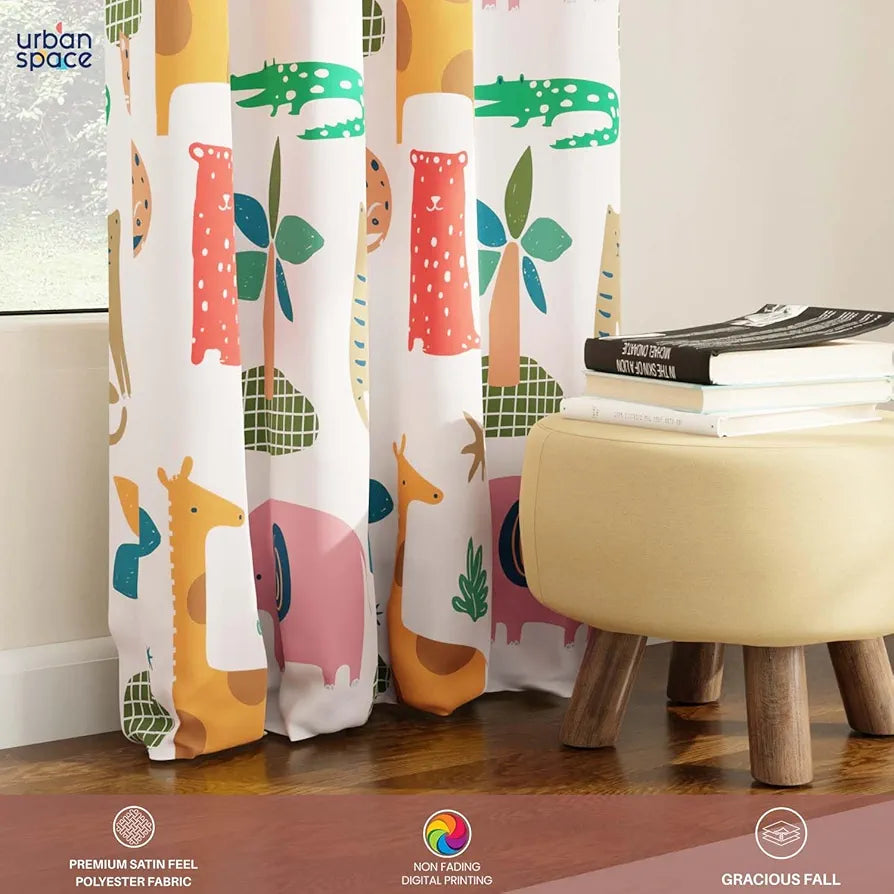 Urban Space Digital Printed Blackout Curtains for Door Bedroom Room Darkening Blackout Kids Decorative Curtains, 1 Piece Curtain Jungel Safari Buttercream