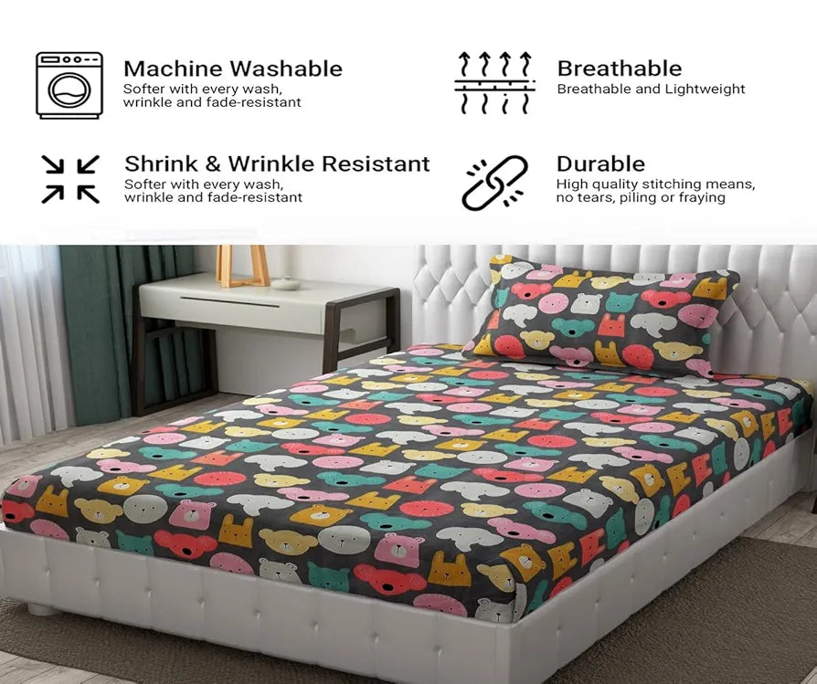 Fresh From Loom Glace Cotton Wrinkle Free Soft Hypoallergenic Bed Sheet Cartoon Printed Single Bedsheet With One Pillow Cover For Kids 144 tc Black