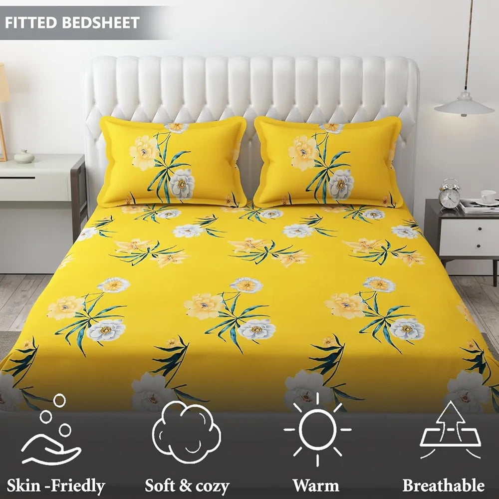 Fresh From Loom King Size Soft Glace Cotton Fitted Floral Bedsheet With Two Pillow Cover Elastic Fitted Bed Sheets Peach Yellow 144 TC