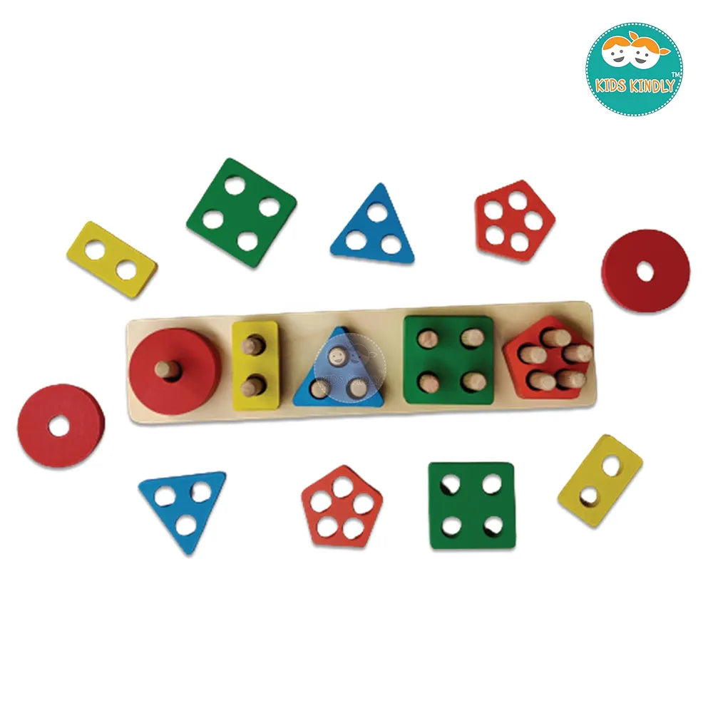 KIDS KINDLY Wooden Geometric Shape Sorter, 5 Column Set -20 Blocks, Stacking Puzzle for Kids, Birthday Gifts for Boys & Girls, Age 2+