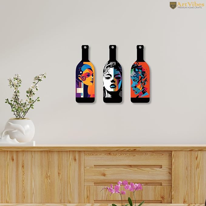 Artvibes Modern Abstract Art Portrait Wooden Wall Hanging for Home Decor | Set of 3