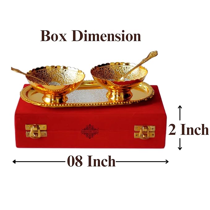 Indian Art Villa Pure Brass With Silver Plating & Gold Polished 2 Bowl 2 Spoon & 1 Tray Set
