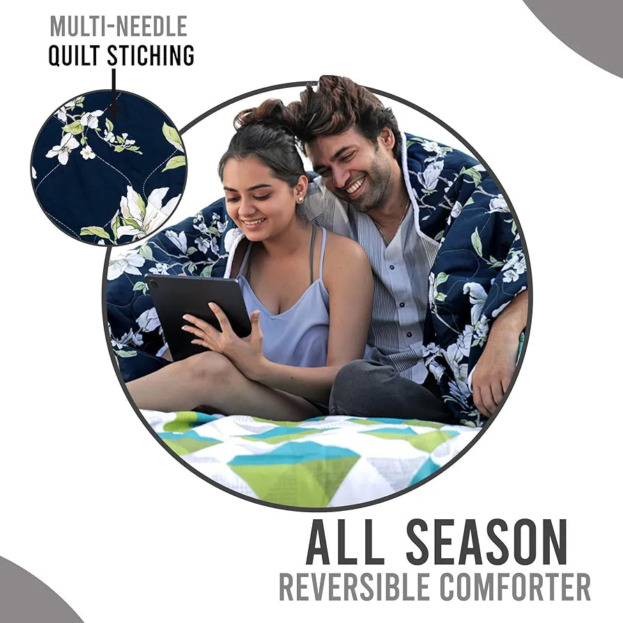 Divine Casa Microfibre 120 GSM Reversible Flower Print Single Bed Size Comforter Blanket TC - 120 Colour Sea Green and Blue