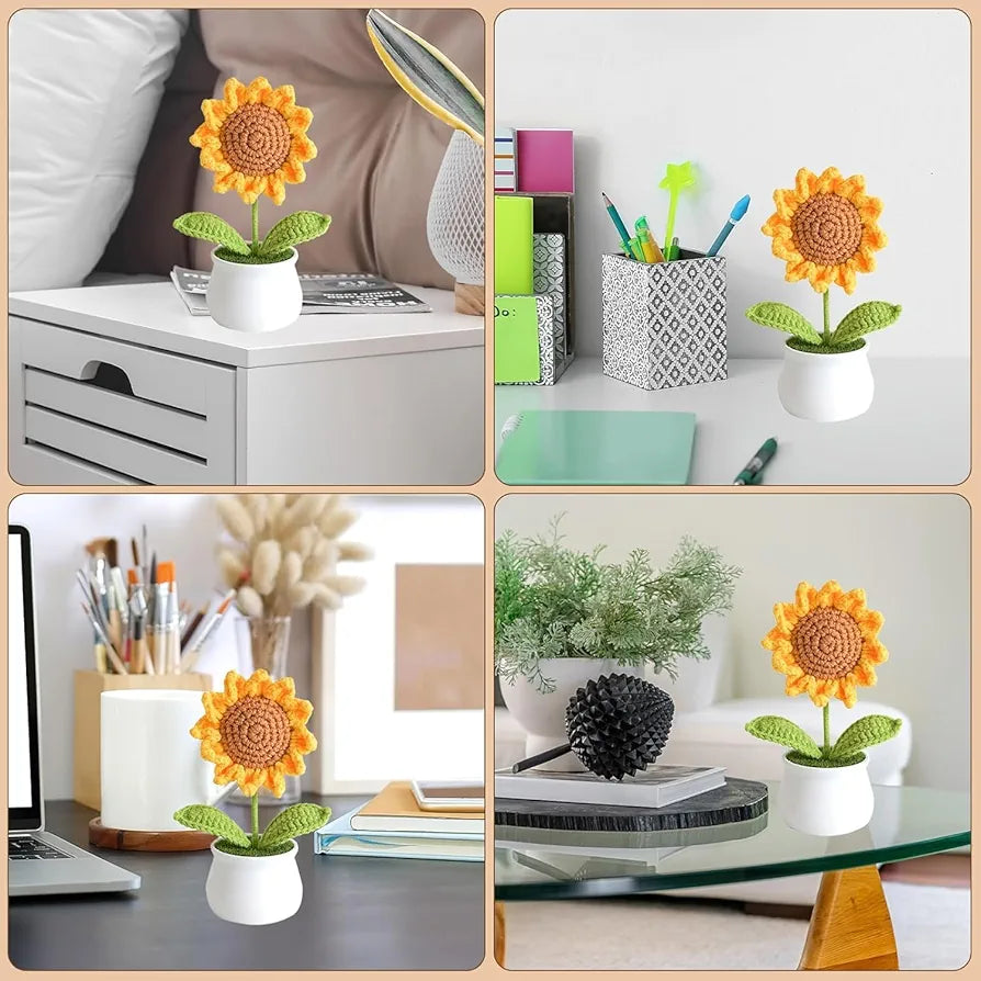 Handmade Crochet Sunflower Pot 1 PC Artificial Flower Knitted Flower
