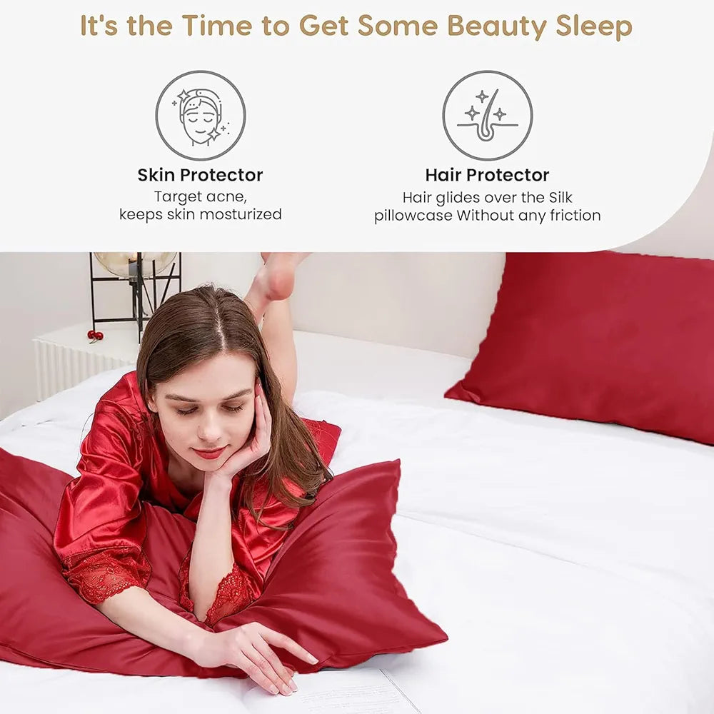 Cloth Fusion Satin Pillow Cover Set of 2 for Pillow Case with 3 Satin Soft Scrunchies for Women Crimson Red
