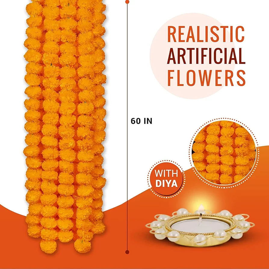 Artificial Marigold Flowers For Decoration Garland 5 Feet Long 5 Pcs 152.40 CM Orange