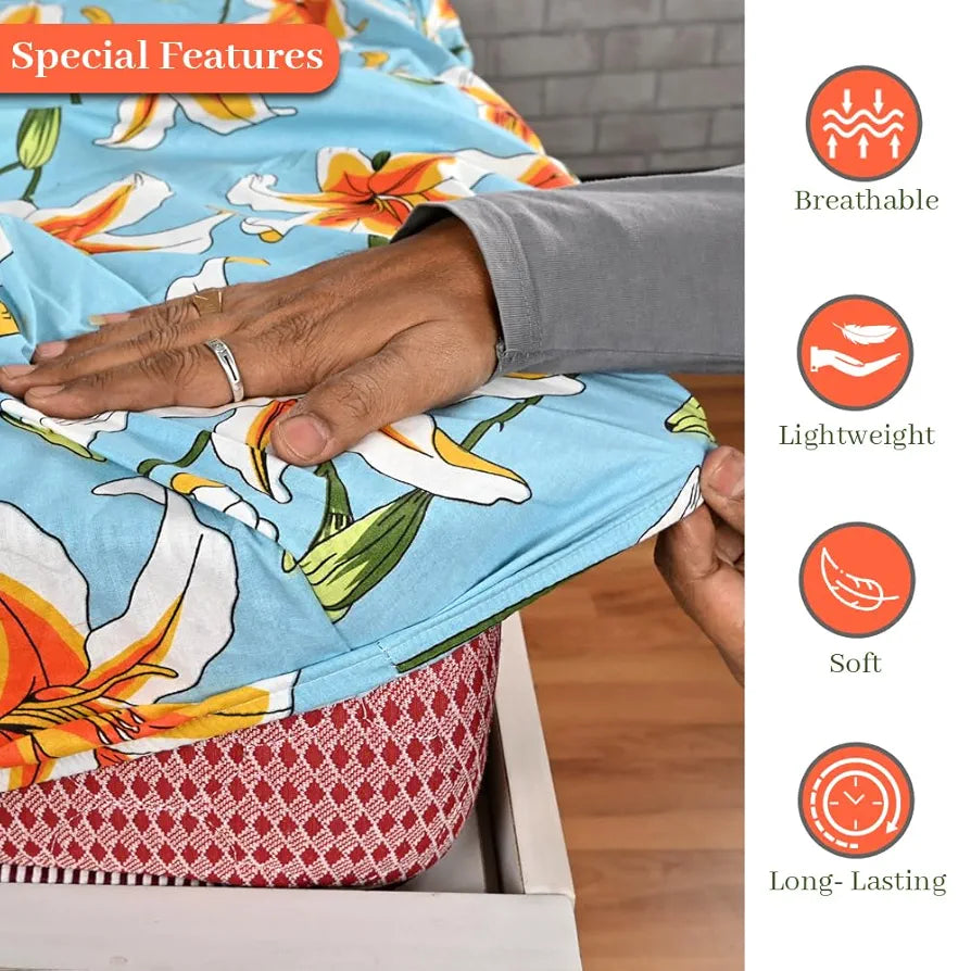 Divine Casa Floret 100% Cotton King Fitted Bedsheet 144 TC Deep Pocket Design Soft & Breathable Fabric Colour Wildflower Charm