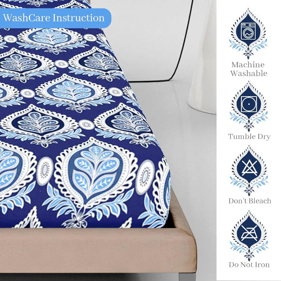 Divine Casa Cotton 100% Cotton Elastic Fitted Printed Queen Size Double Bed Bedsheet with 2 Pillow Cover Colour Baja Blue