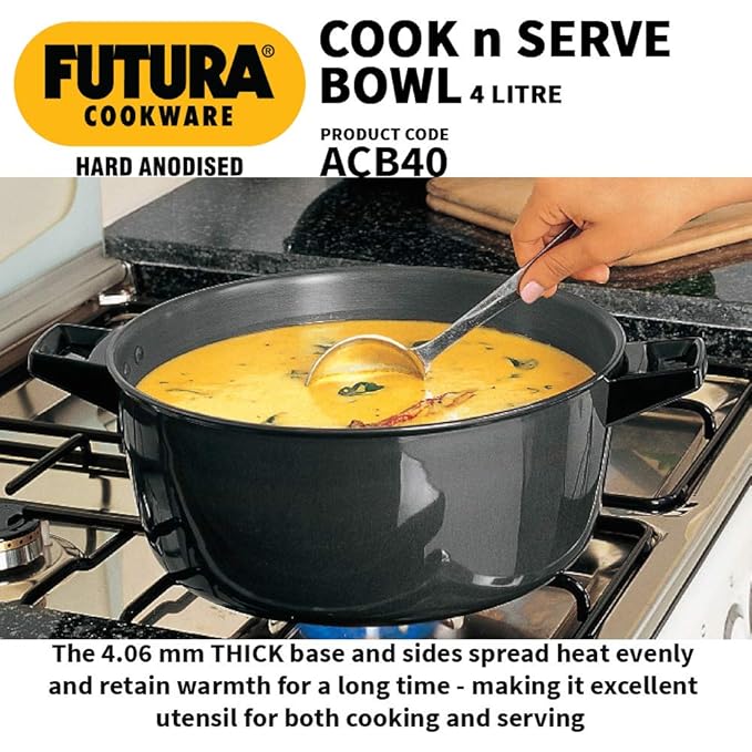 Hawkins Futura 4 Litre Cook n Serve Bowl Hard Anodised Saucepan with Hard Anodised Lid