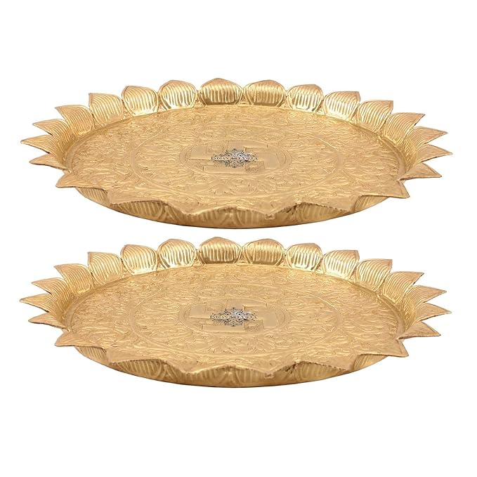 Indian Art Villa Pure Brass Pooja Decorative Thali Plate With Sathiya Floral Embossed Leaf Edge Design Diameter|13.2