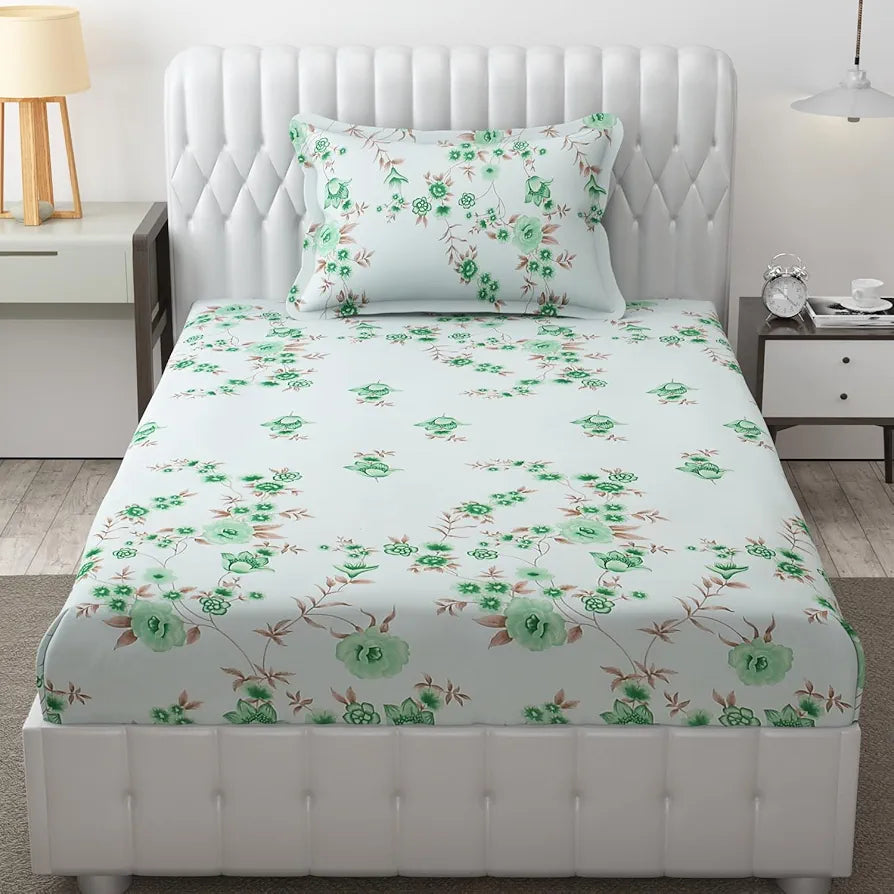 Fresh From Loom Floral Print 240 TC Microfiber Single Bed Bedsheet Set with 1 Pillow Covers Soft-Cyan