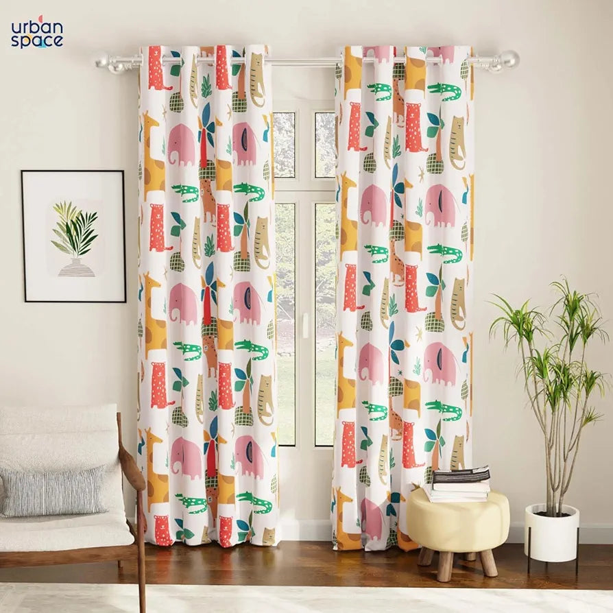 Urban Space Digital Printed Blackout Curtains for Door Bedroom Room Darkening Blackout Kids Decorative Curtains, 1 Piece Curtain Jungel Safari Buttercream