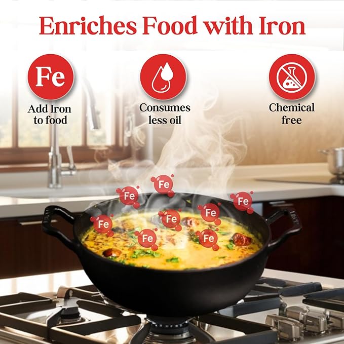 Vinod Legacy Pre Seasoned Cast Iron Kadai with Glass Lid - 2.4 Litre, 22 cm | Naturally Non Stick Kadhai for Cooking