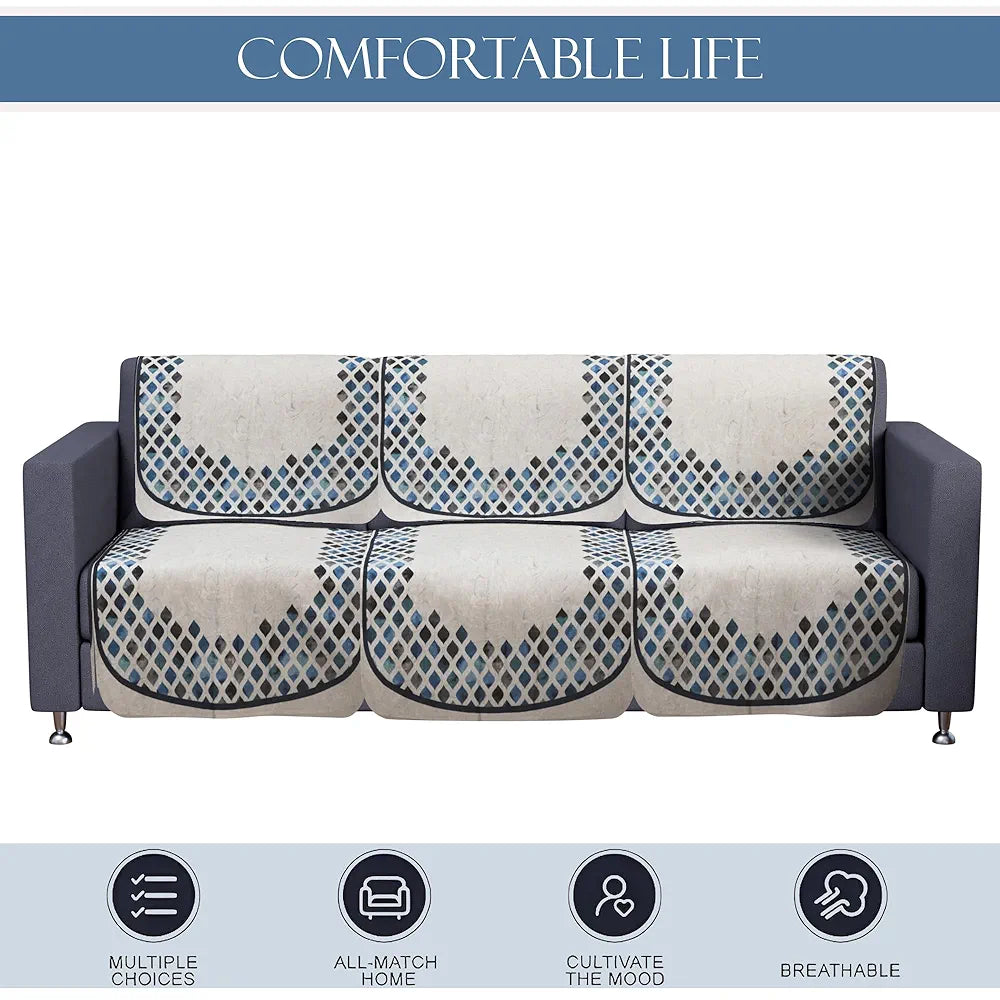 Kuber Industries Set of 6 Velvet 3 Seater Sofa Covers for Living Room Dot Border Grey & Blue