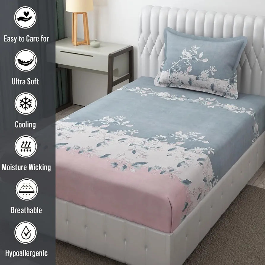 Fresh From Loom Microfiber Single Bedsheet For Single Bed Hypo-Allergenic Floral Design Bed Spread 1 Pillow Covers Included 144 TC Walnut Grey