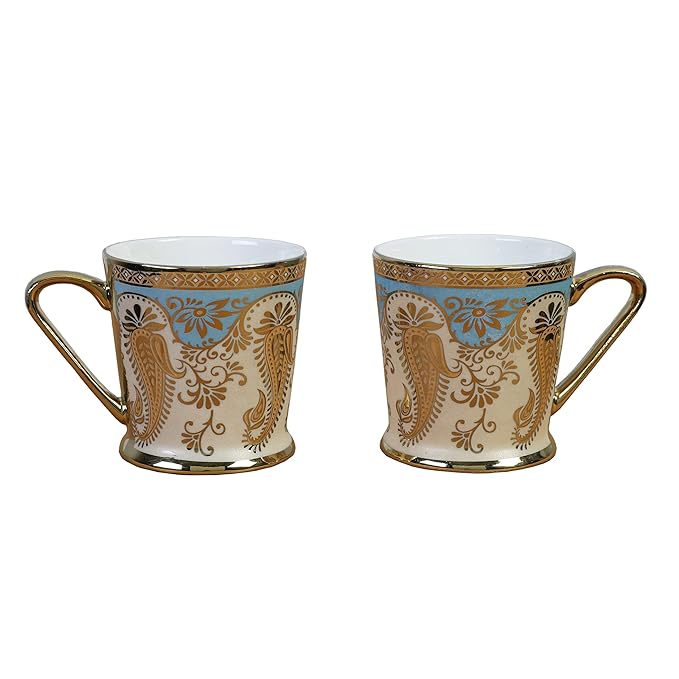Femora Golden Leaf Tea Mugs, Ceramic Tea Cups, Coffee Mugs | 180 Ml | Golden | 6 Pcs Set | Not Microwave Safe
