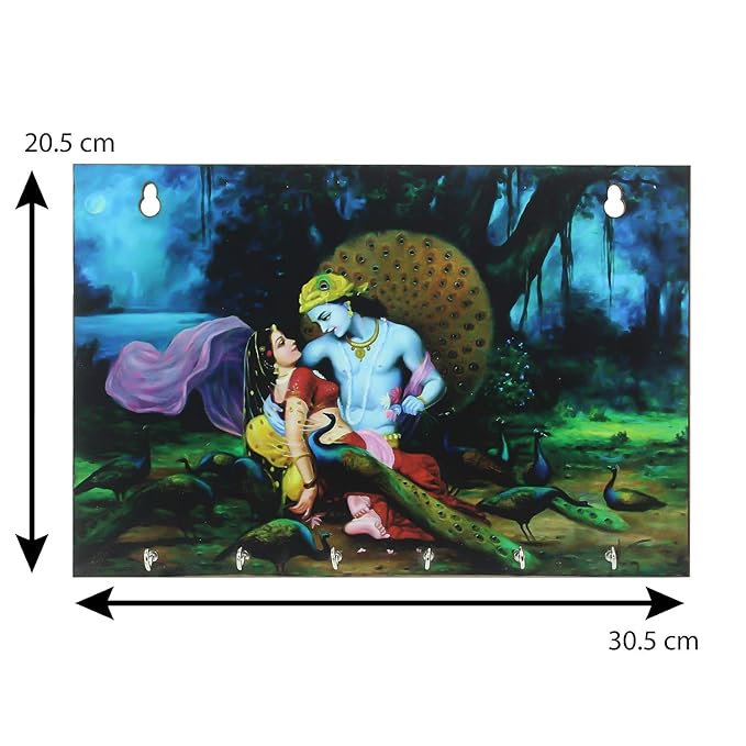 Ecraftindia Radhe Krishna Theme Wooden Key Holder With 6 Hooks